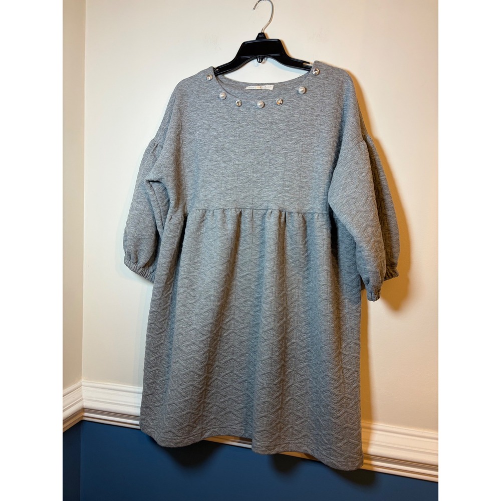 Simply Southern Babydoll Dress Women Medium Gray Pearl Embellished Puff Sleeve
